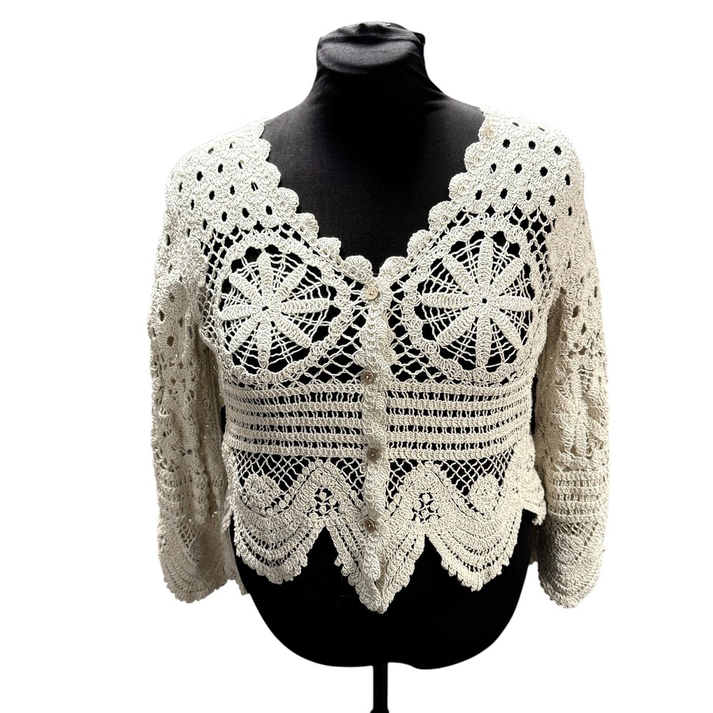 Solitaire Womens Cream Floral Crochet Knit Button Front Cardigan Sweater‎ 23-801